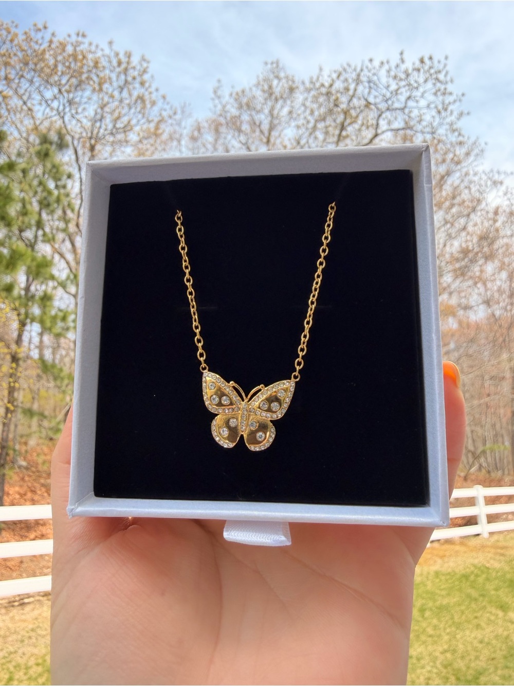 Gold Butterfly Pendant Necklace with Crystals - Women's Jewelry